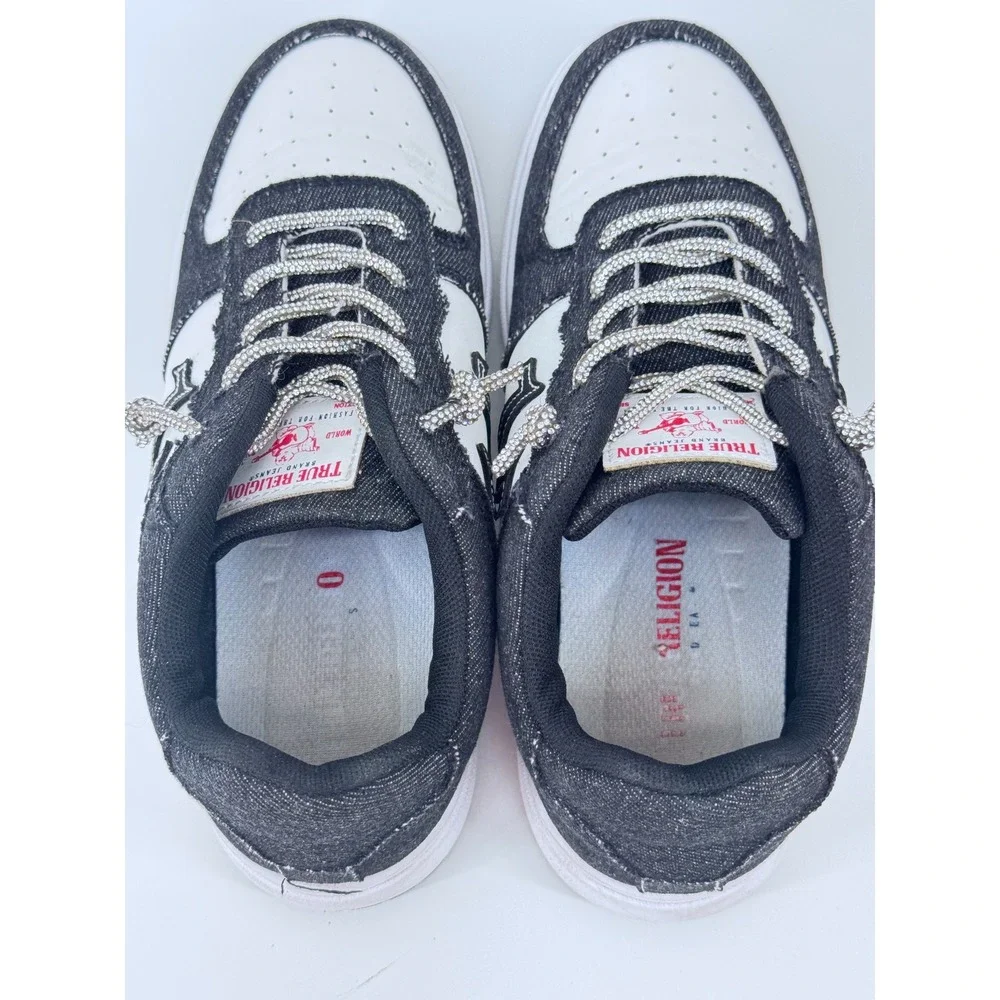 True Religion Sneakers Kids Size 9 Black White Denim Rhinestone Casual Shoes